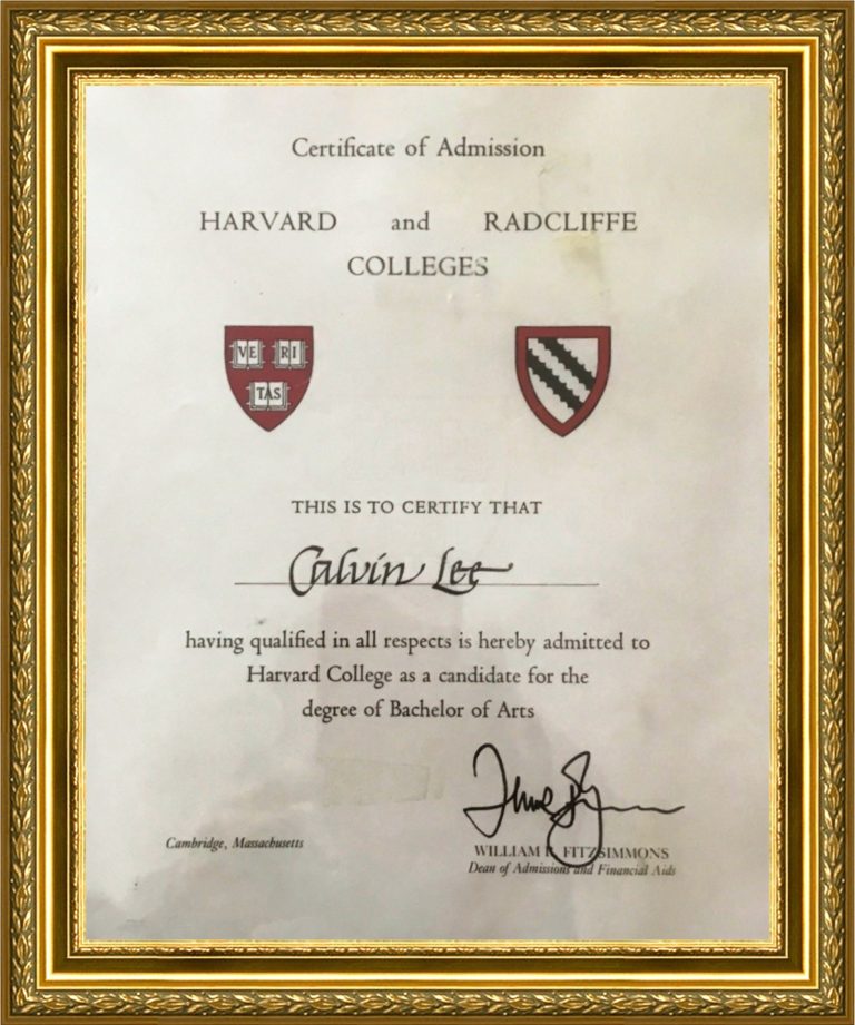 My Harvard Admissions certificate Modesto Kybella